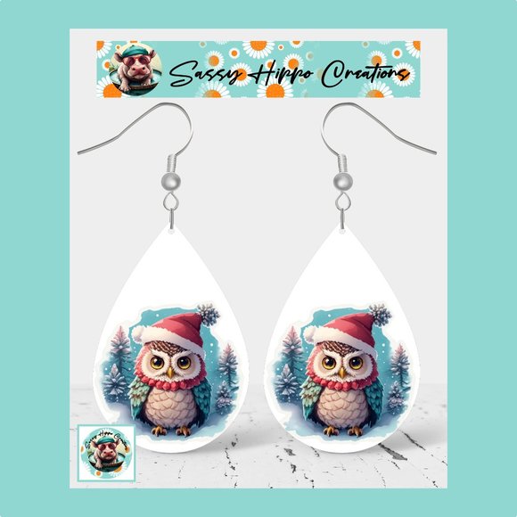 Earrings Cute Owl in Hat Christmas Holidays Hand Sublimated Printed on MDF - Picture 1 of 4